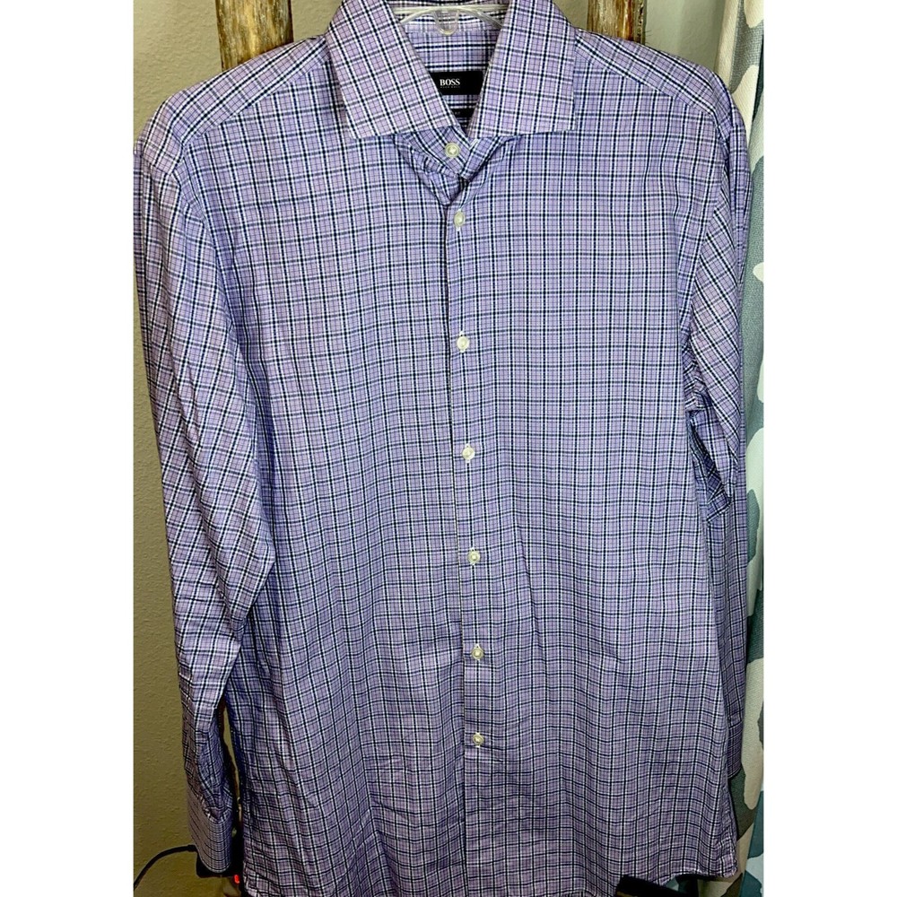 Boss Hugo Boss Man’s Sharp Fit Purple Plaid Print Long Sleeve Shirt 15.5 32/33